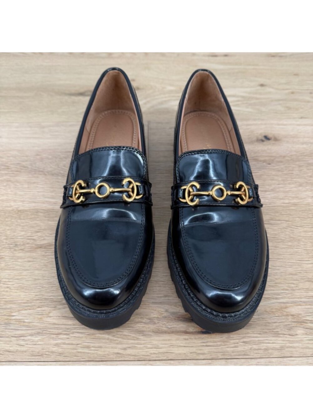 Circus Sam Edelman Ella Lug Sole Loafer Shoe Size 10 Black Patent Gold Platform - Picture 3 of 14